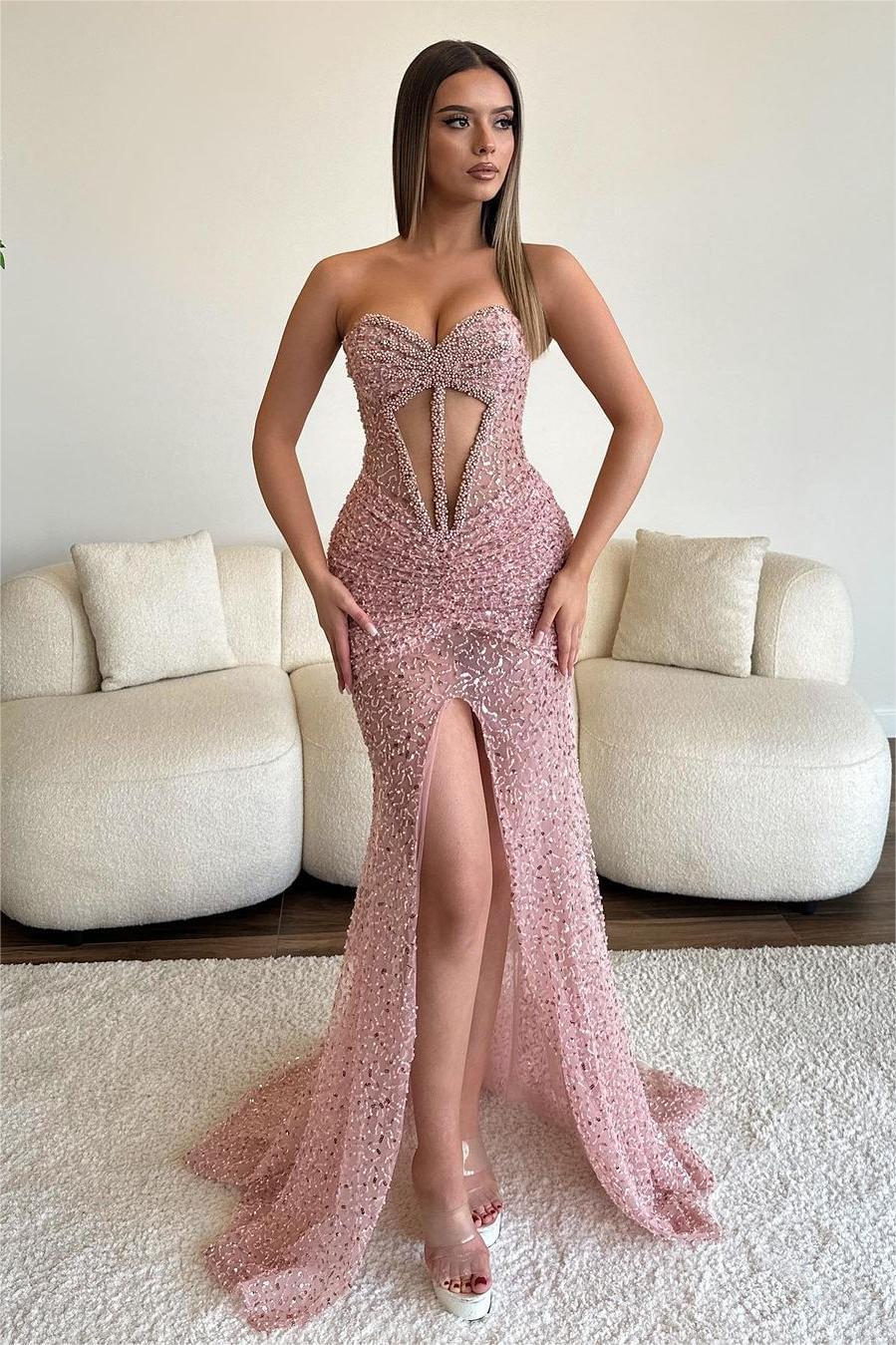 Dusty Rose Sweetheart Sleeveless Strapless Long Split Formal Dress With Beading