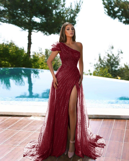 Stunning Cap Sleeve One Shoulder Mermaid Evening Dress Tulle Long Slit With Beadings