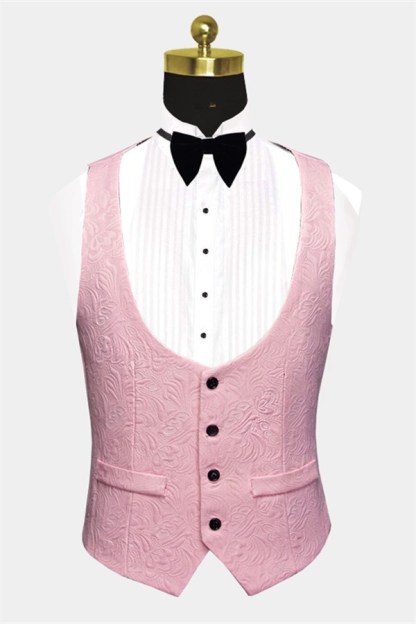 Gorgeous Pink Jacquard Three-Piece Prom Suits Men's Suits with Black Lapel