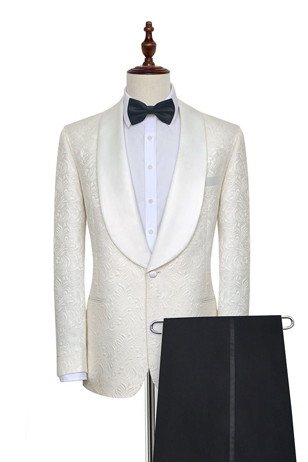 Popular Jacquard White Tuxedos for Wedding Silk Shawl Lapel One-Button Wedding Suit for Men