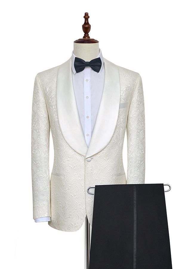 Popular Jacquard White Tuxedos for Wedding Silk Shawl Lapel One-Button Wedding Suit for Men