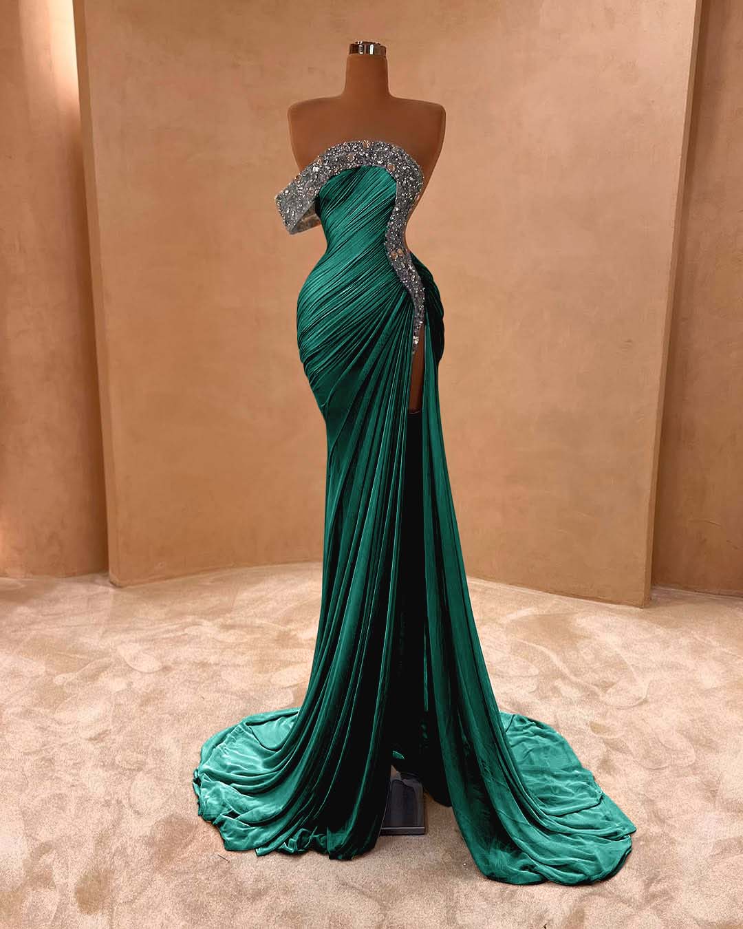 One Shoulder Sleeveless Long Split Formal Dress With Pleated Sequins