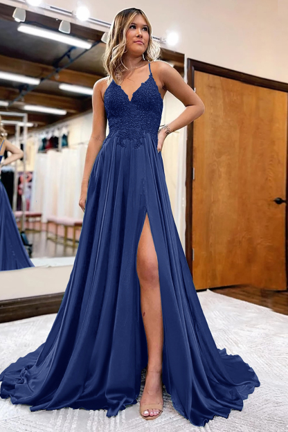 Prom Dress in Dark Green Satin with A-Line Silhouette and Appliques Featuring a Slit