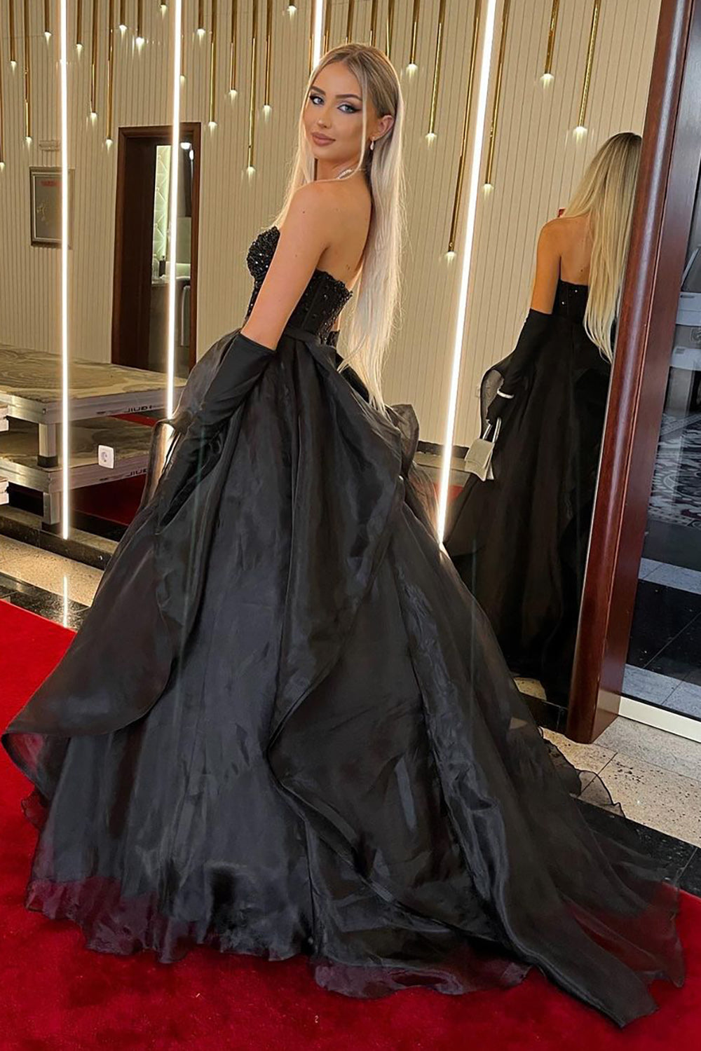 Black Long Prom Dress with Beading in a Princess A-Line Sweetheart Style