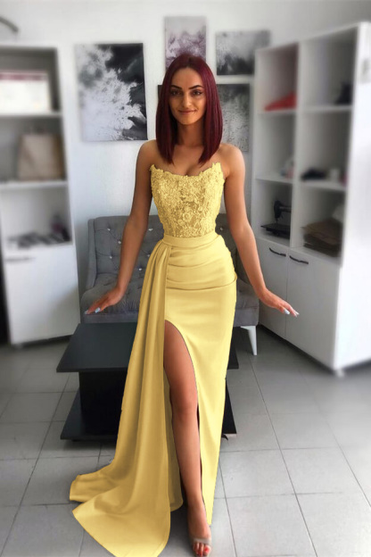 Strapless Pink Slit Mermaid Evening Dress With Chic Appliques