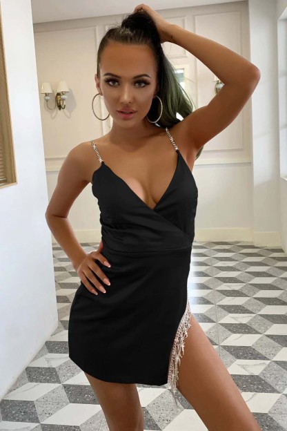 Dark Orange V-Neck Sparkle Spaghetti-Straps Split Short Mini cocktail Dress