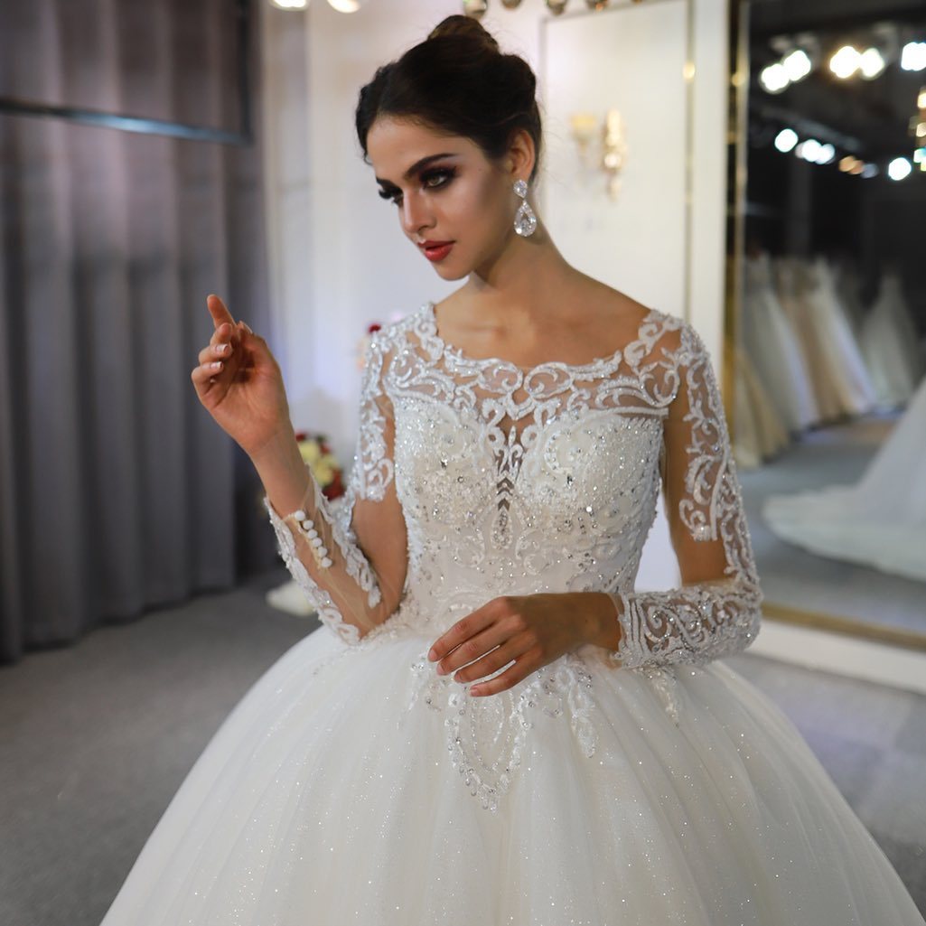 Beautiful Bateau Long Sleeves Floor-Length A-Line Wedding Dress with Appliques Lace Sequins