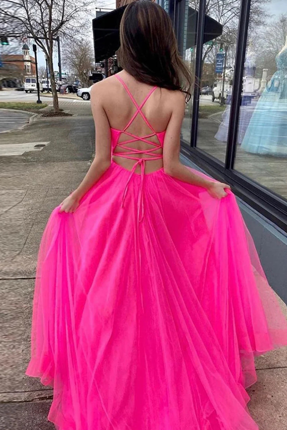 Long A-Line Prom Dress in Hot Pink Tulle Featuring Pockets