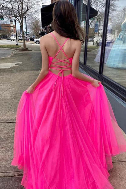 Long A-Line Prom Dress in Hot Pink Tulle Featuring Pockets