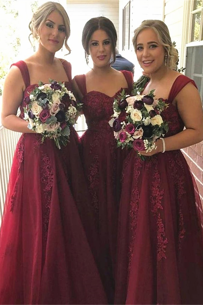 Straps Burgundy Lace Bridesmaid Dress Sweetheart