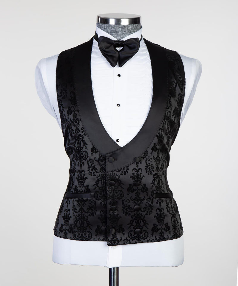Formal Bespoke Black Peaked Lapel Three-Piece Jacquard Men's Suits