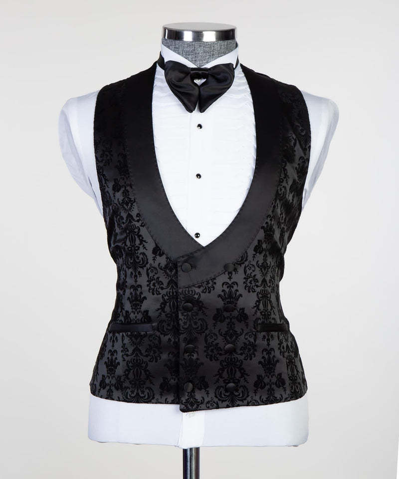 Formal Bespoke Black Peaked Lapel Three-Piece Jacquard Men's Suits