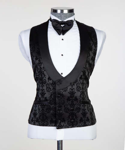Formal Bespoke Black Peaked Lapel Three-Piece Jacquard Men's Suits