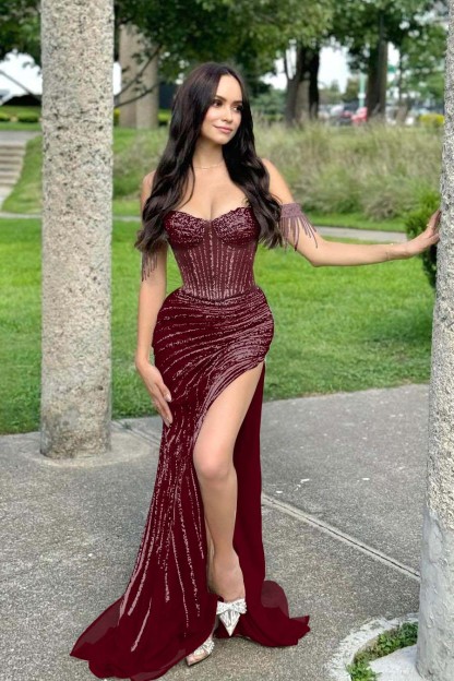 Off the Shoulder Sleeveless Long Mermaid Formal Dress With Split Beading