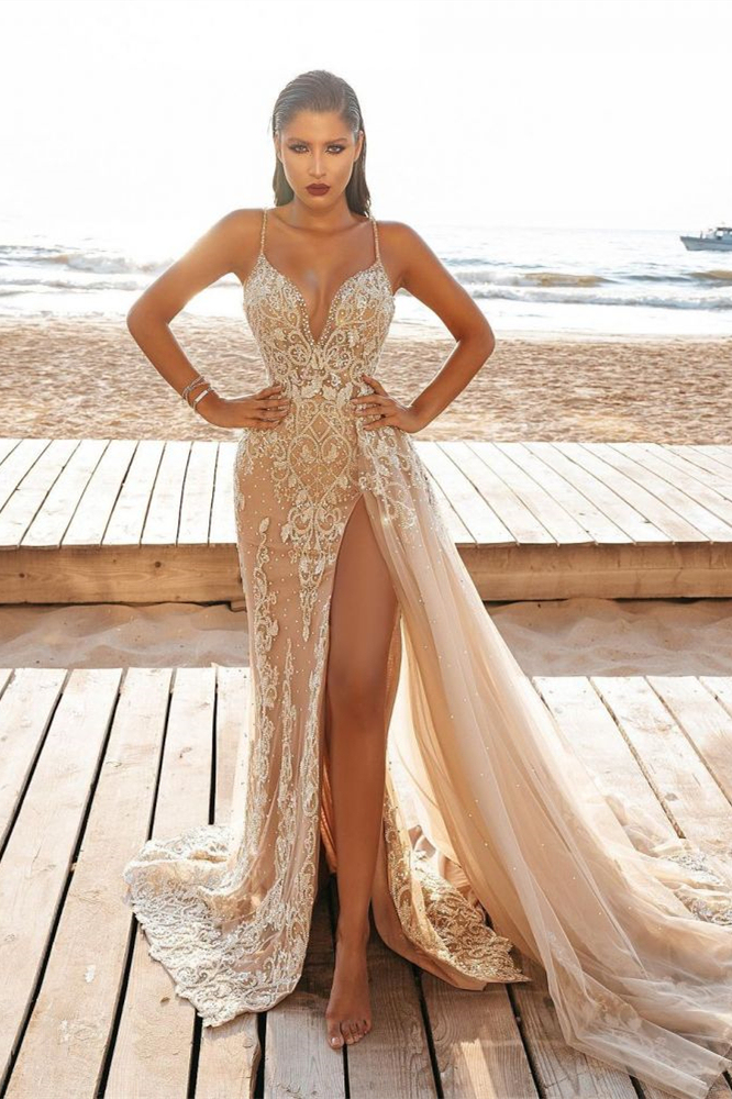 Mermaid Nude Spaghetti-Strap Wedding Dress Split with Beadings