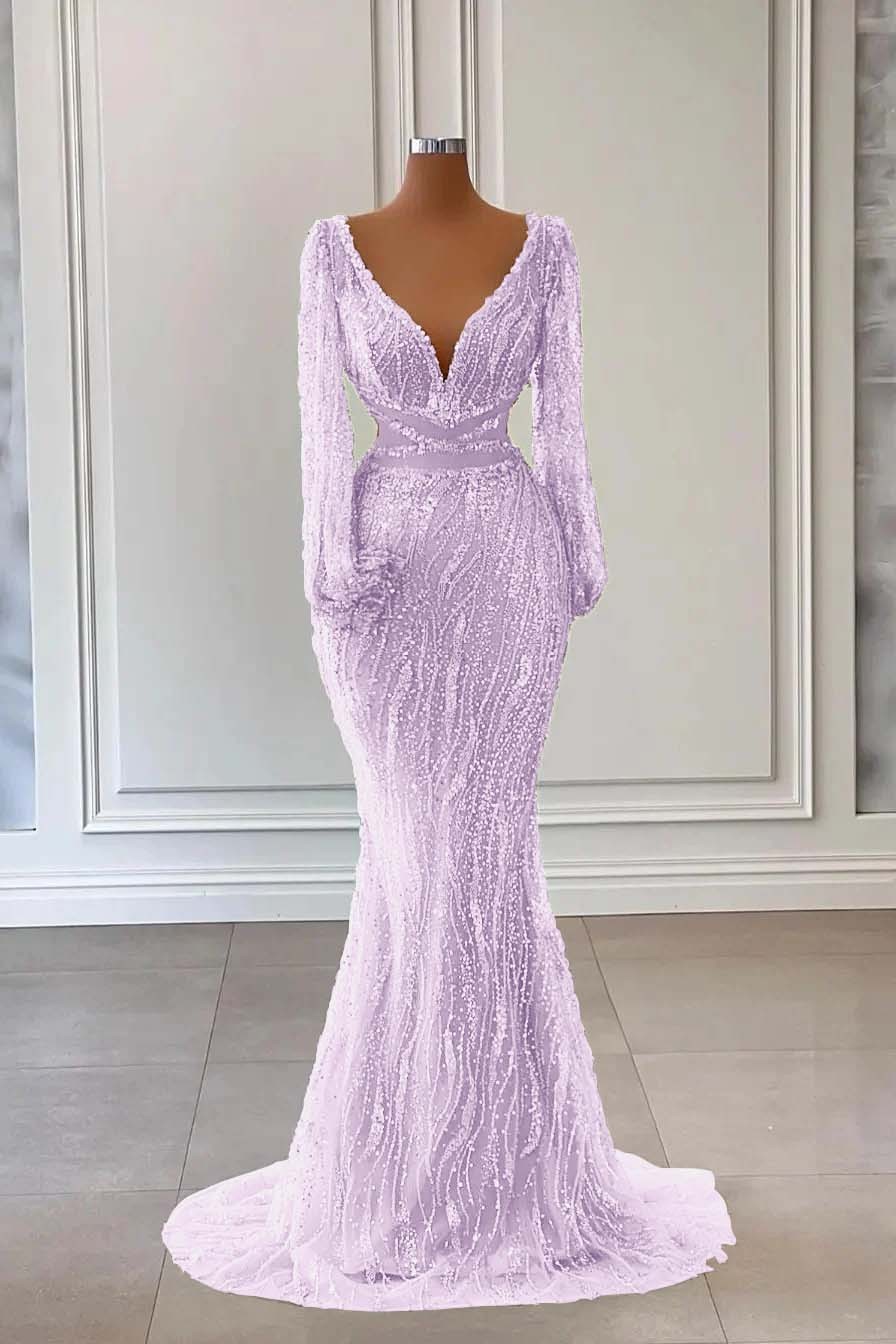 Light Green Long Sleeves V-Neck Evening Dress Mermaid With Sequins Beads