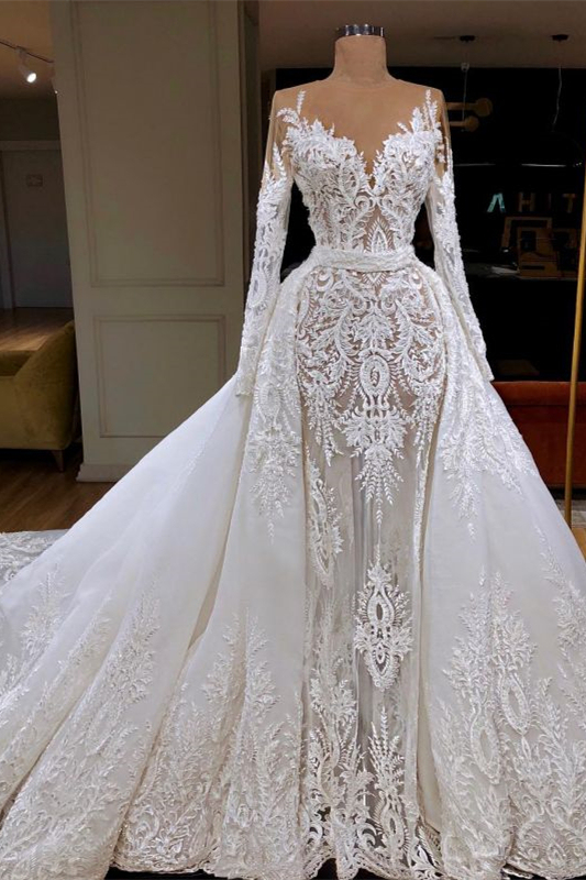 Glamorous Mermaid Long Sleeves Lace Wedding Dress with Detachable Skirt
