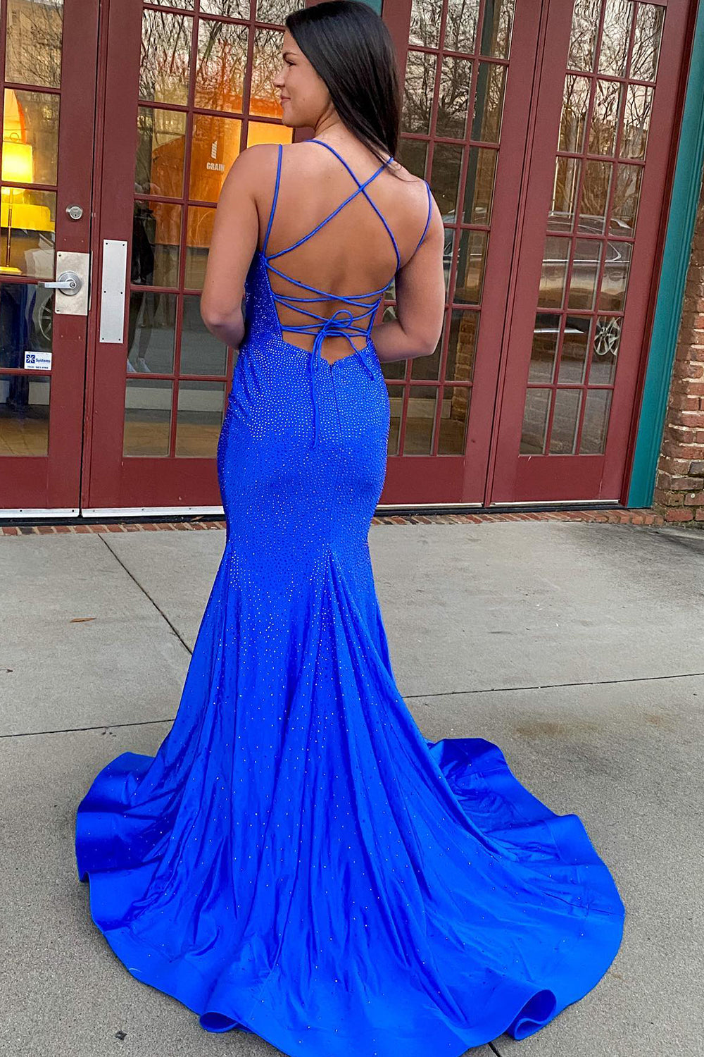 Prom Dress with Hot Pink Sequins and Spaghetti Straps