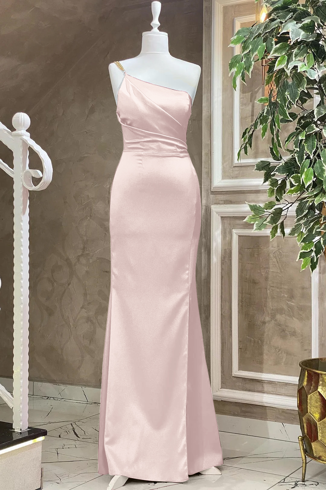 Fuchsia One Shoulder Floor Length Evening Dress With Pleat Mermaid