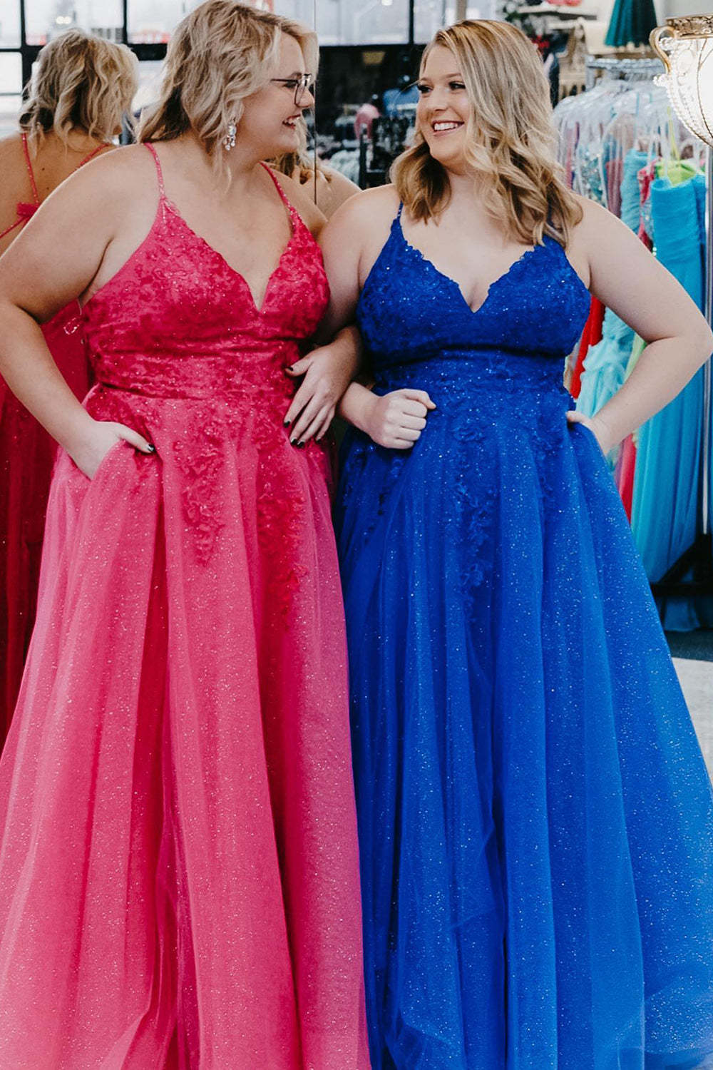 Royal Blue Plus Size Prom Dress with Appliques and Spaghetti Straps
