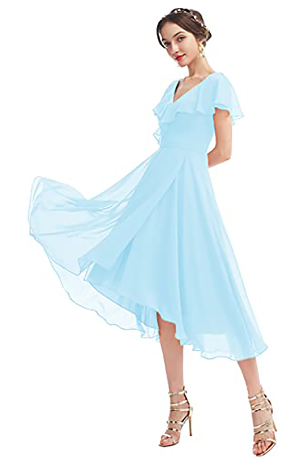 V-Neck Short Sleeve Ruffles Bridesmaid Dress