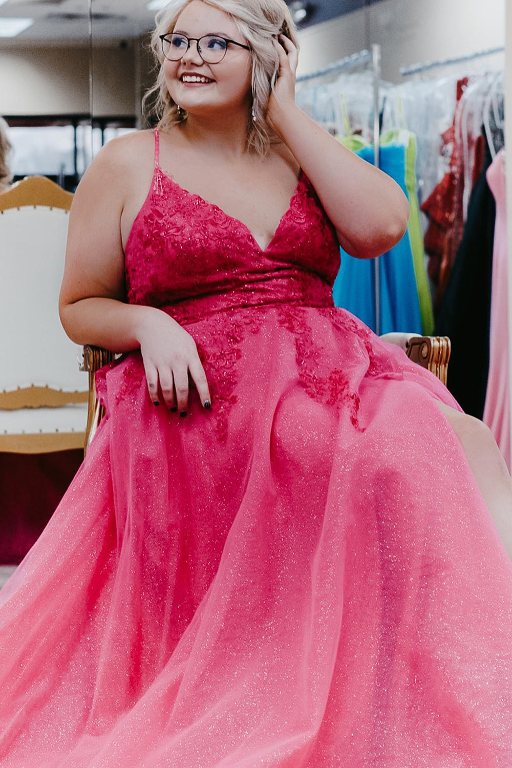 Royal Blue Plus Size Prom Dress with Appliques and Spaghetti Straps