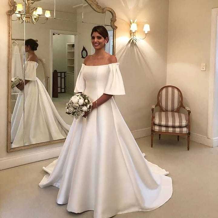 Classic Off-the-Shoulder A-Line Short Sleeves Wedding Dress with Satin Ruffles Train