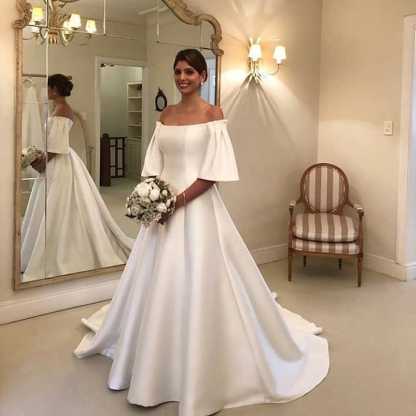 Classic Off-the-Shoulder A-Line Short Sleeves Wedding Dress with Satin Ruffles Train