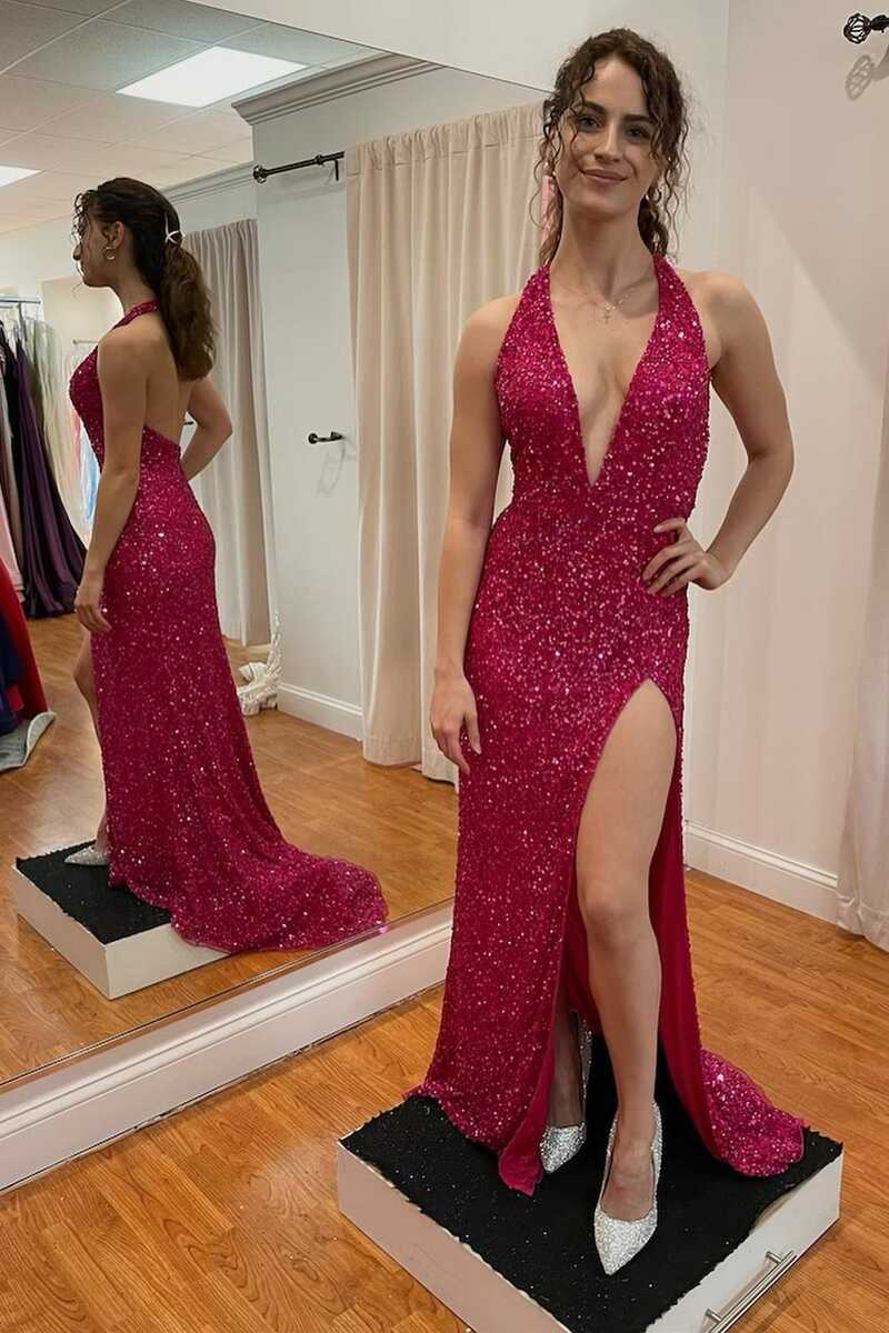 Glittery Halter Deep V-Neck Red Backless Sequined Mermaid Prom Dress with a Slit
