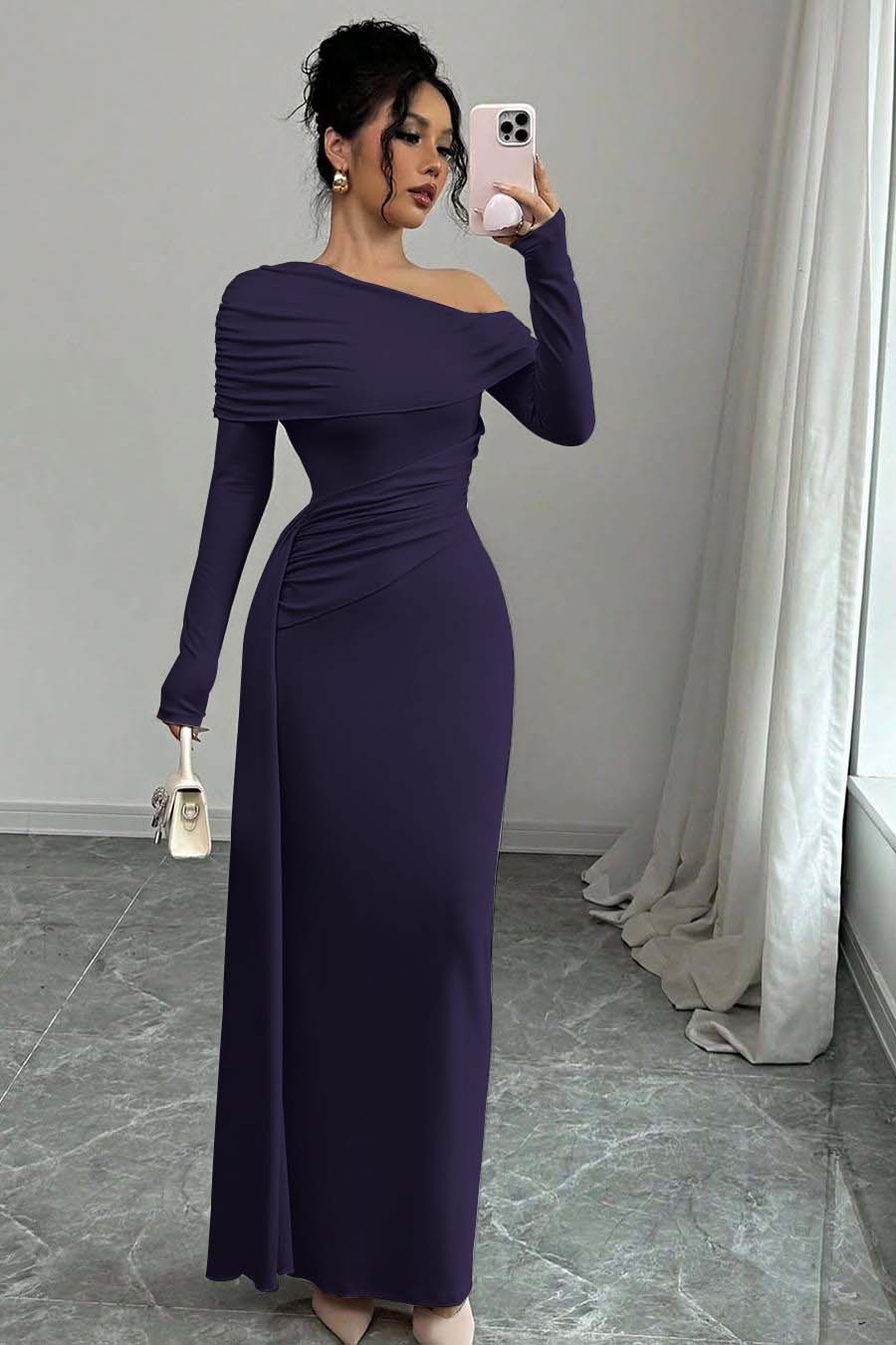 Off the Shoulder Long Sleeves Long Mermaid Formal Dress With Ruffles