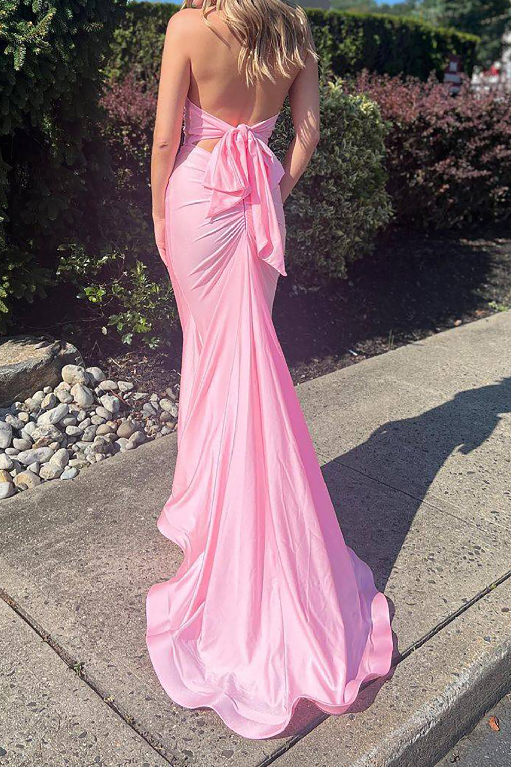 Pink Long Prom Dress with Mermaid Halter Neck and Bowknot