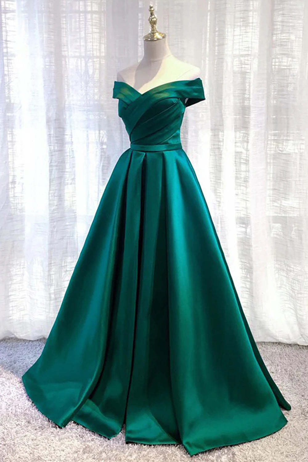 Dark Green Long A-Line Prom Dress with Off-the-Shoulder Elegance