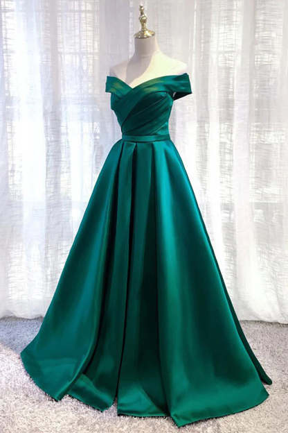Dark Green Long A-Line Prom Dress with Off-the-Shoulder Elegance