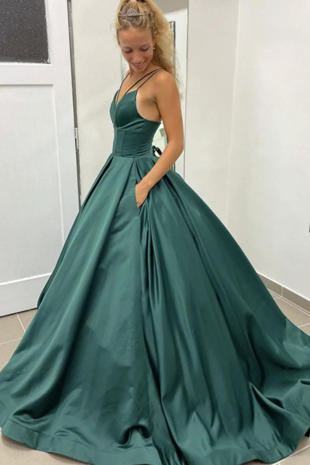 Dark Green Prom Dress with Spaghetti Straps and A-Line Sweep Train
