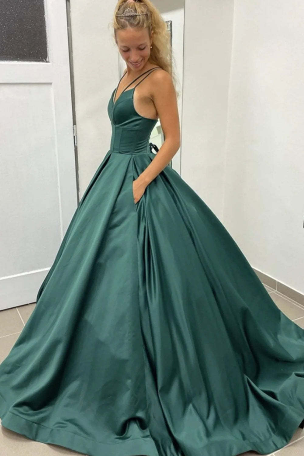 Dark Green Prom Dress with Spaghetti Straps and A-Line Sweep Train