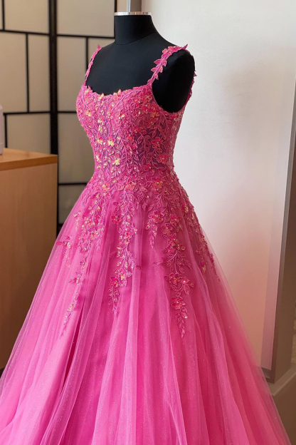 Elegant Hot Pink A-Line Prom Dress with Spaghetti Straps and Appliques