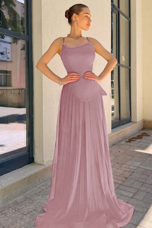 Spaghetti Strap Sleeveless Long Formal Dress With Pleated Sequins
