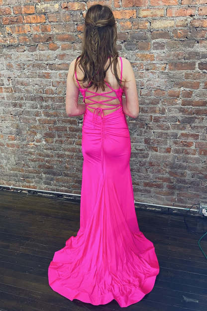 Hot Pink Long Mermaid Prom Dress with Spaghetti Straps and Slit