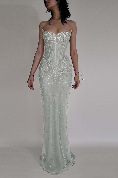 Strapless Sleeveless Mermaid Long Formal Dress With Beading Tulle