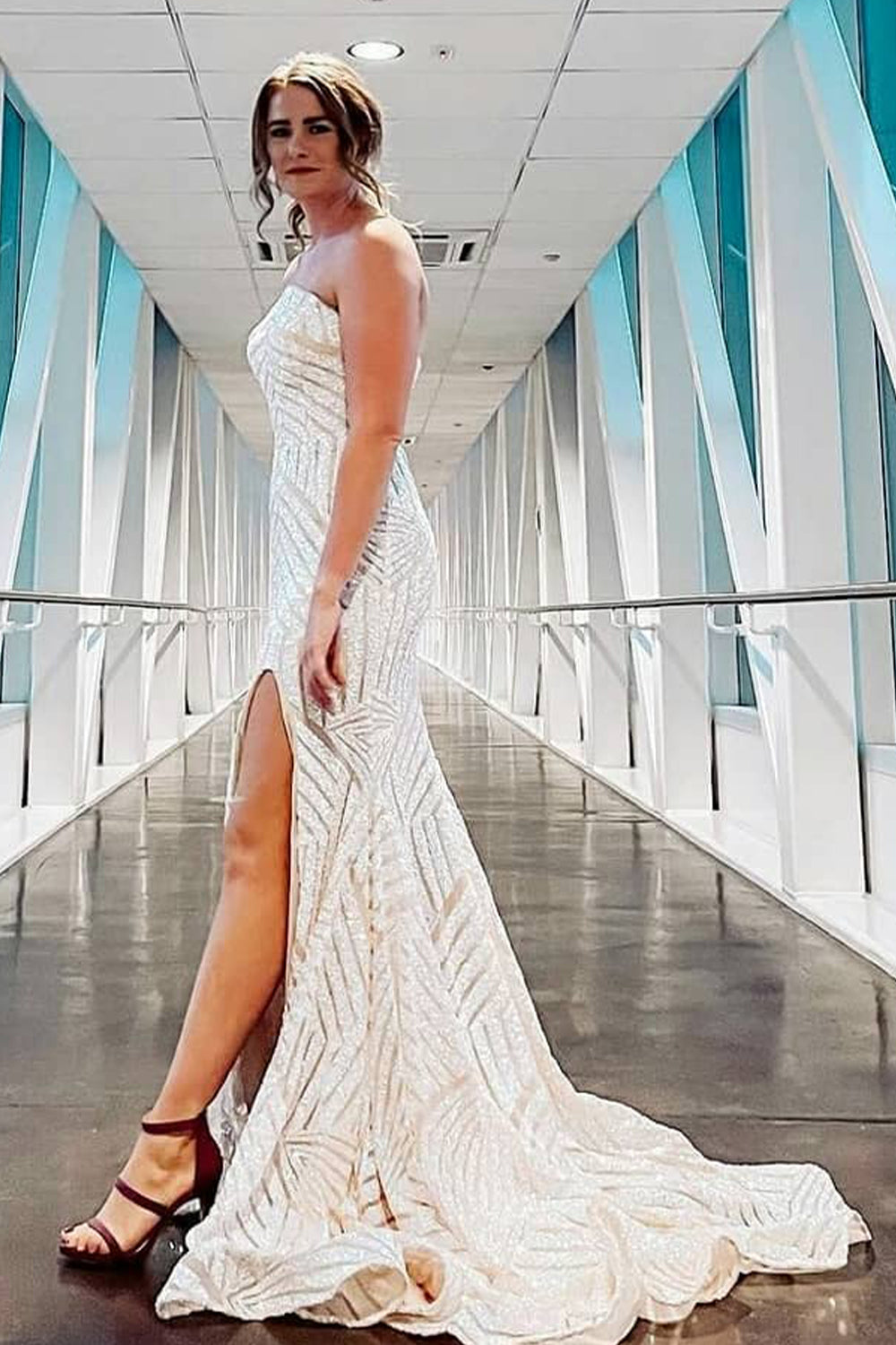 Long Strapless Prom Dress with Sky Blue Sequins