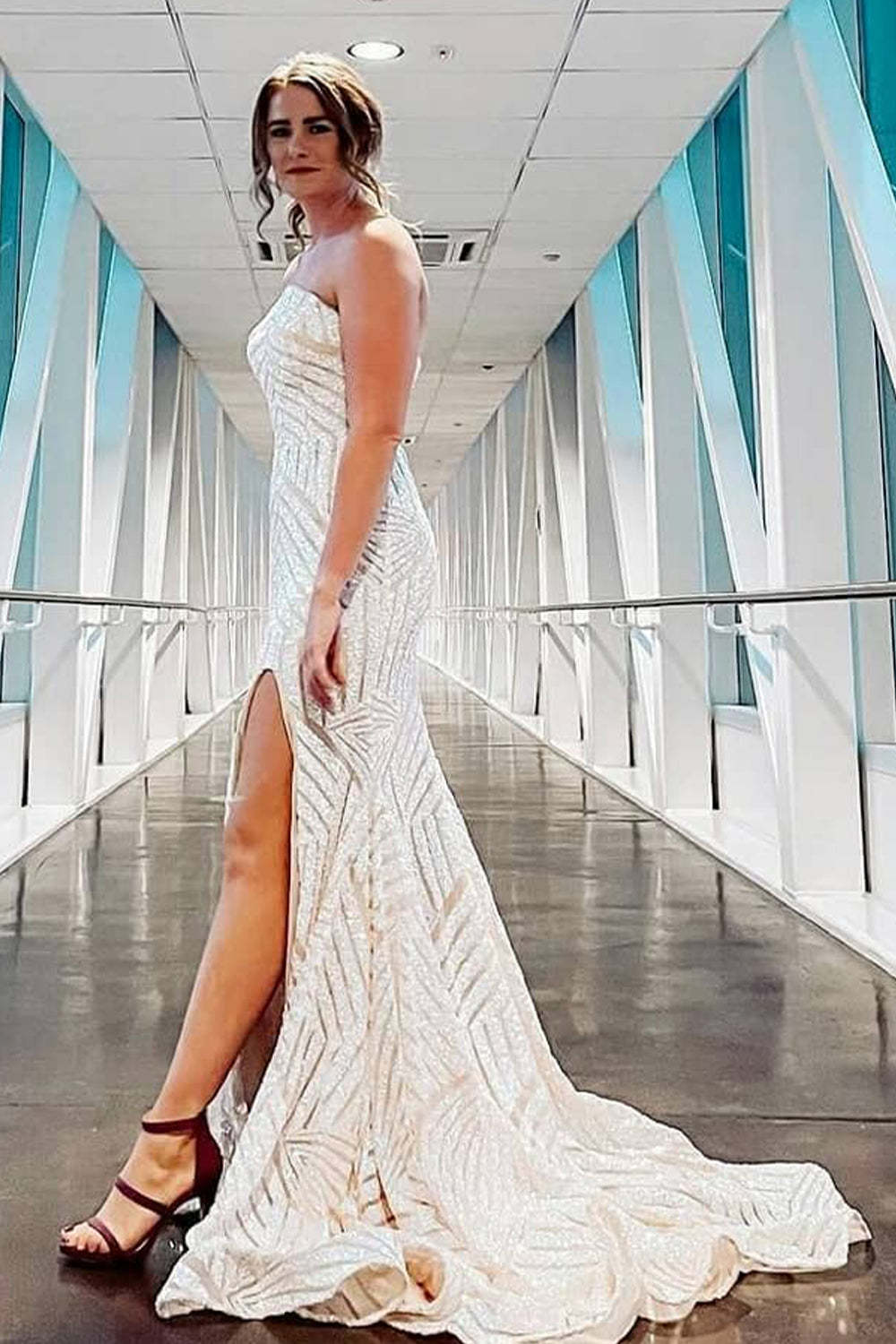 Long Strapless Prom Dress with Sky Blue Sequins