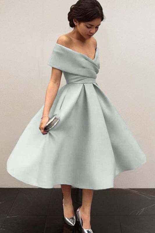 Graceful Sky Blue V-Neck Off-The-Shoulder Puffy Short cocktail Dress