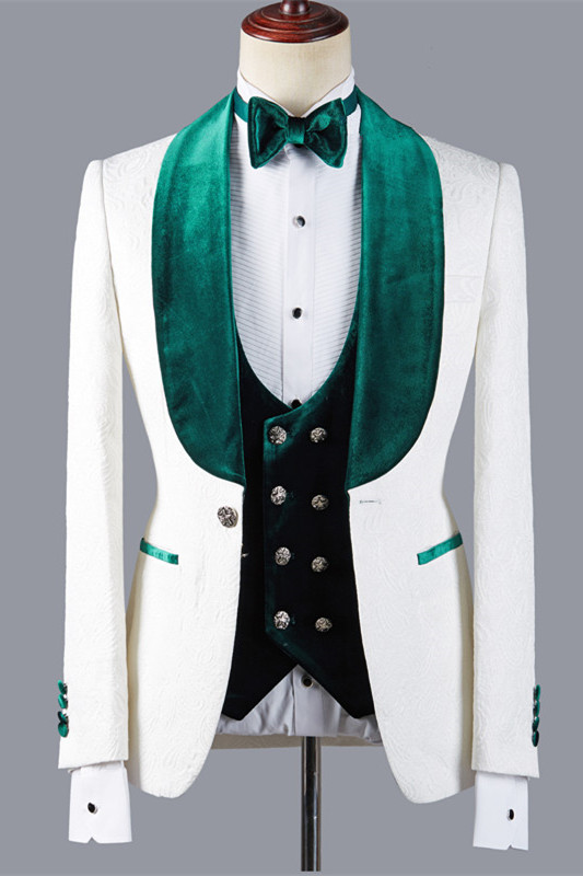 Jeffery Fashion Green Lapel Three-Piece White Wedding Suit with Jacquard
