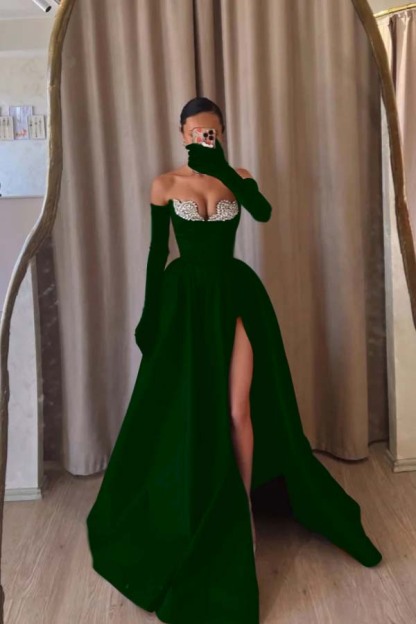 Strapless Sleeveless Long Split Formal Dress With Beading Long Gloves