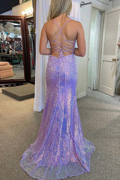 Long Mermaid Prom Dress in Sparkly Lilac with Sequins and Lace
