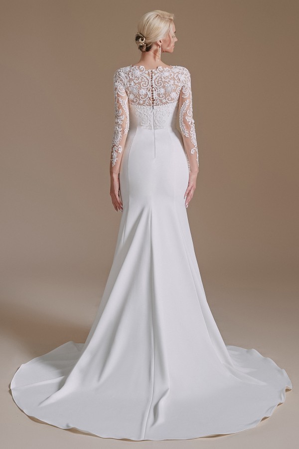 Romantic Mermaid Jewel Satin Lace Long Wedding Dress with Sleeves