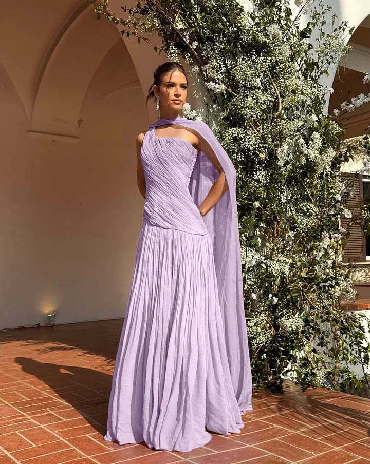 Chic One Shoulder Sleeveless Long Formal Dress With Pleated Shawl