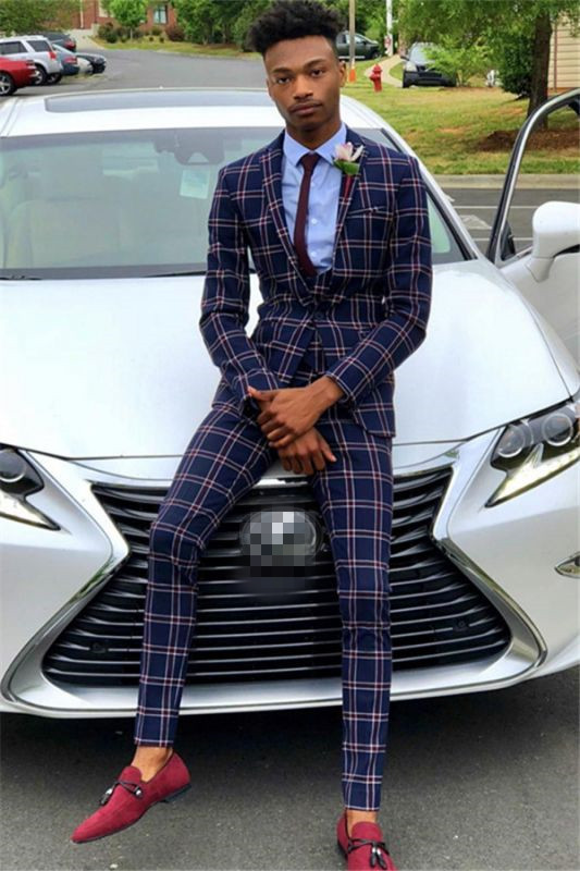 Classic Dark Navy with Plaid Morning Suit Wedding for Man