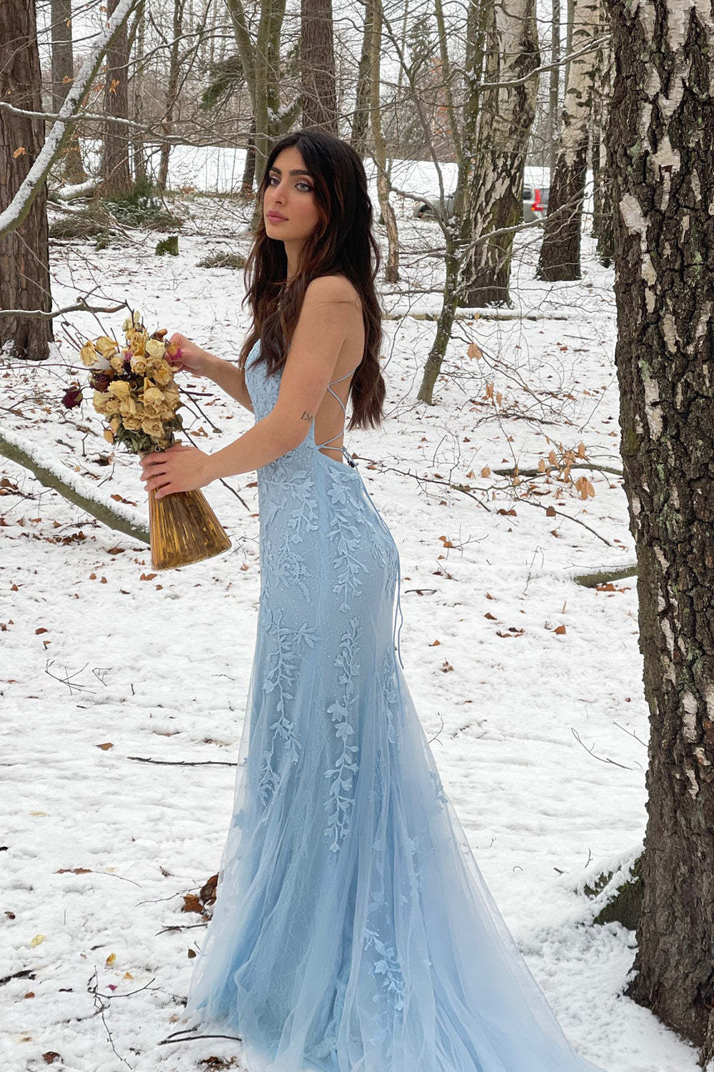 Long Blue Prom Dress with Mermaid Spaghetti Straps and Backless Design