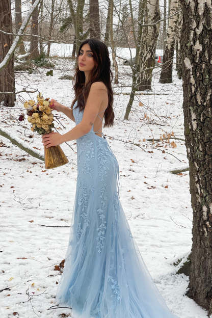 Long Blue Prom Dress with Mermaid Spaghetti Straps and Backless Design
